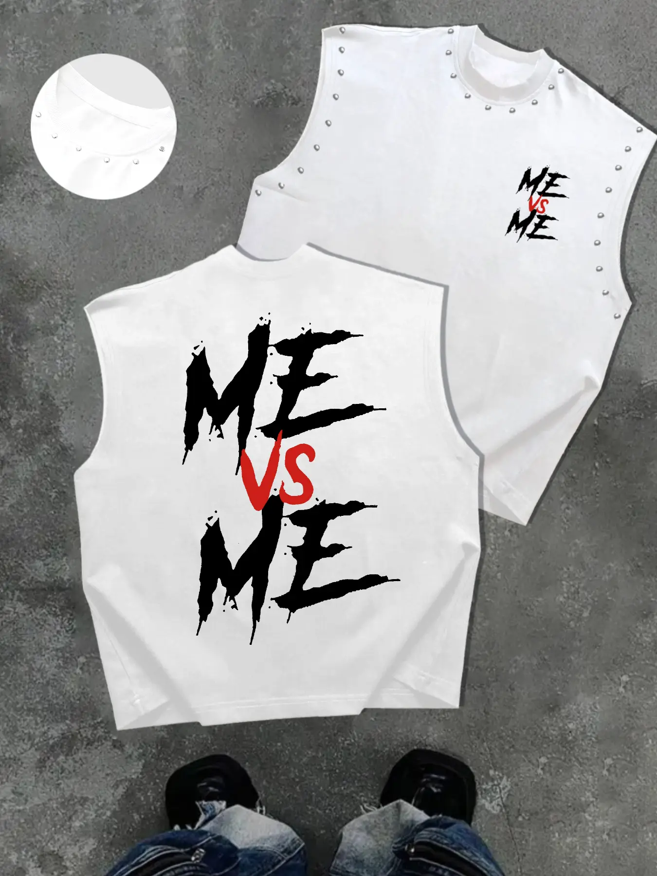 Men's Casual Sleeveless T-Shirt, Comfortable Me Vs Me Graphic Streetwear Tank Top, Trendy Design Top