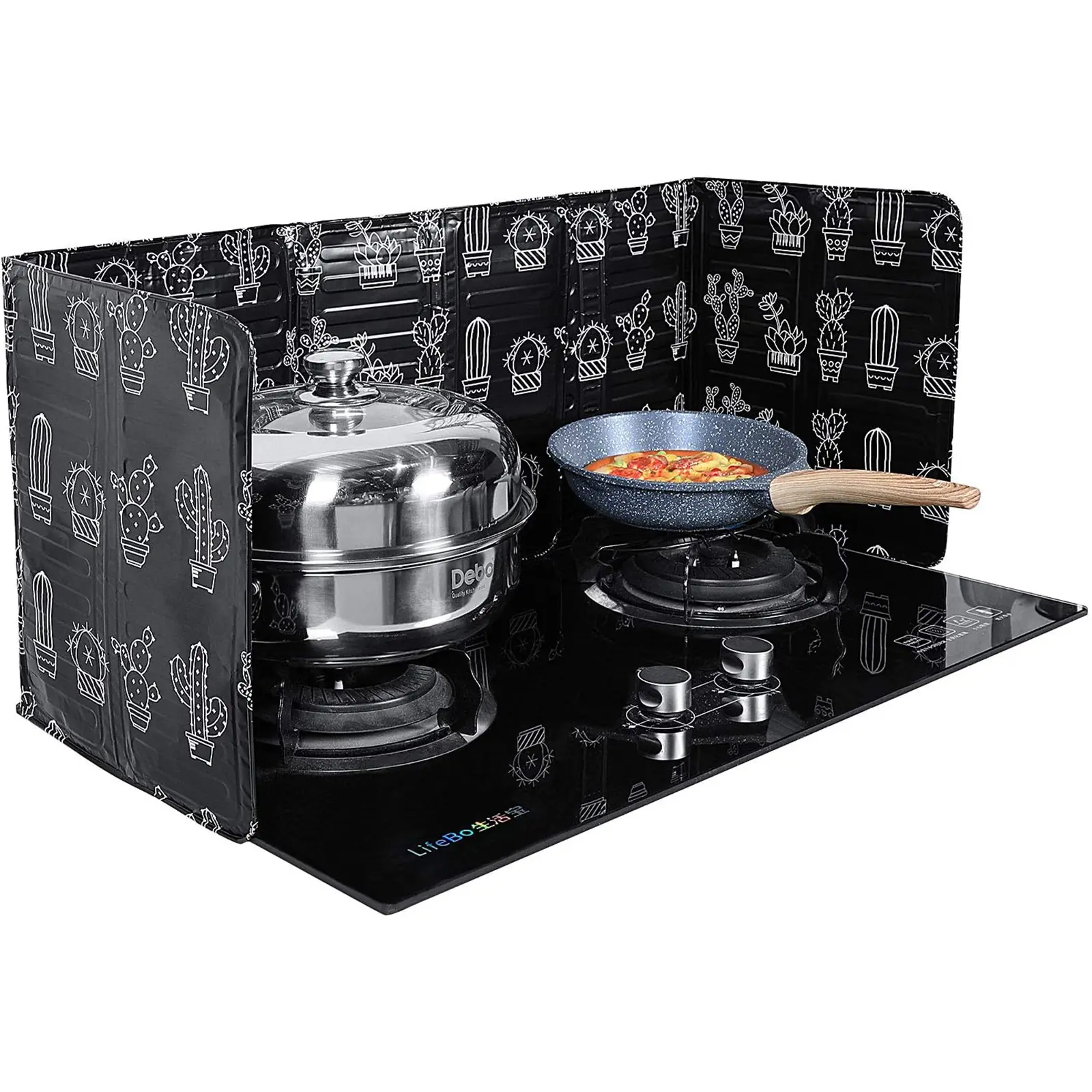2-Pcs 3-Sided Foldable Lightweight Aluminum Foil Splatter Guard - Skillet, Frying Pan & Stove Top Grease Splash Barrier, Cactus-Patterned Kitchen Companion