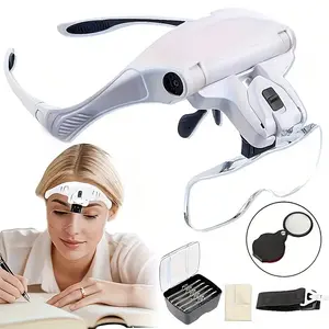 Head Mounted Magnifier+ Mini Folding Magnifier Set(2-Pack), Hands Free Headband Magnifying Glasses with 2 LED, Five Interchangeable Lenses, Professional Jeweler's Loupe for Reading, Maintenance, Delicate Work(Batteries Not Included)