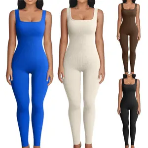 Women's Jumpsuits Ribbed Sleeveless Square Neck Ankle Split One Piece Tank Tops Yoga Jumpsuits sleeveless tank