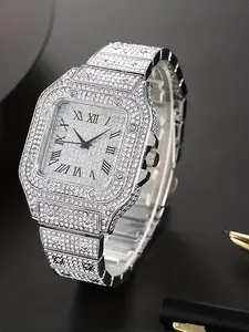 Square Diamond-Paved Roman Numeral Elegant Square Dial Steel Bracelet Quartz Watch for Men (Euro-American Style)