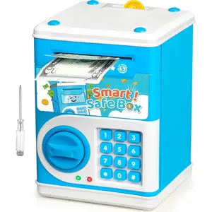 ATM Piggy Bank for Boys Girls, Mini ATM Coin Bank Money Saving Box with Password Code, Kids Safe Money Jar for Real Money with Auto Grab Bill Slot, Great Gift Toy Bank for Kids (Blue)