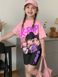 K-Pop Sweet Cool Girl Children Set, Colorblock Cartoon Print Short Sleeve Shorts Two-Piece Set, Korean Style Girls' Clothing