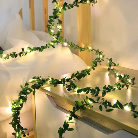 LED Green Rattan Light String For DIY Simulation Garland, 1 Count Battery Powered Leaf Fairy String Light For Wedding Holiday Party Patio Decoration Led Lighted, Led Ambient Atmosphere Lights