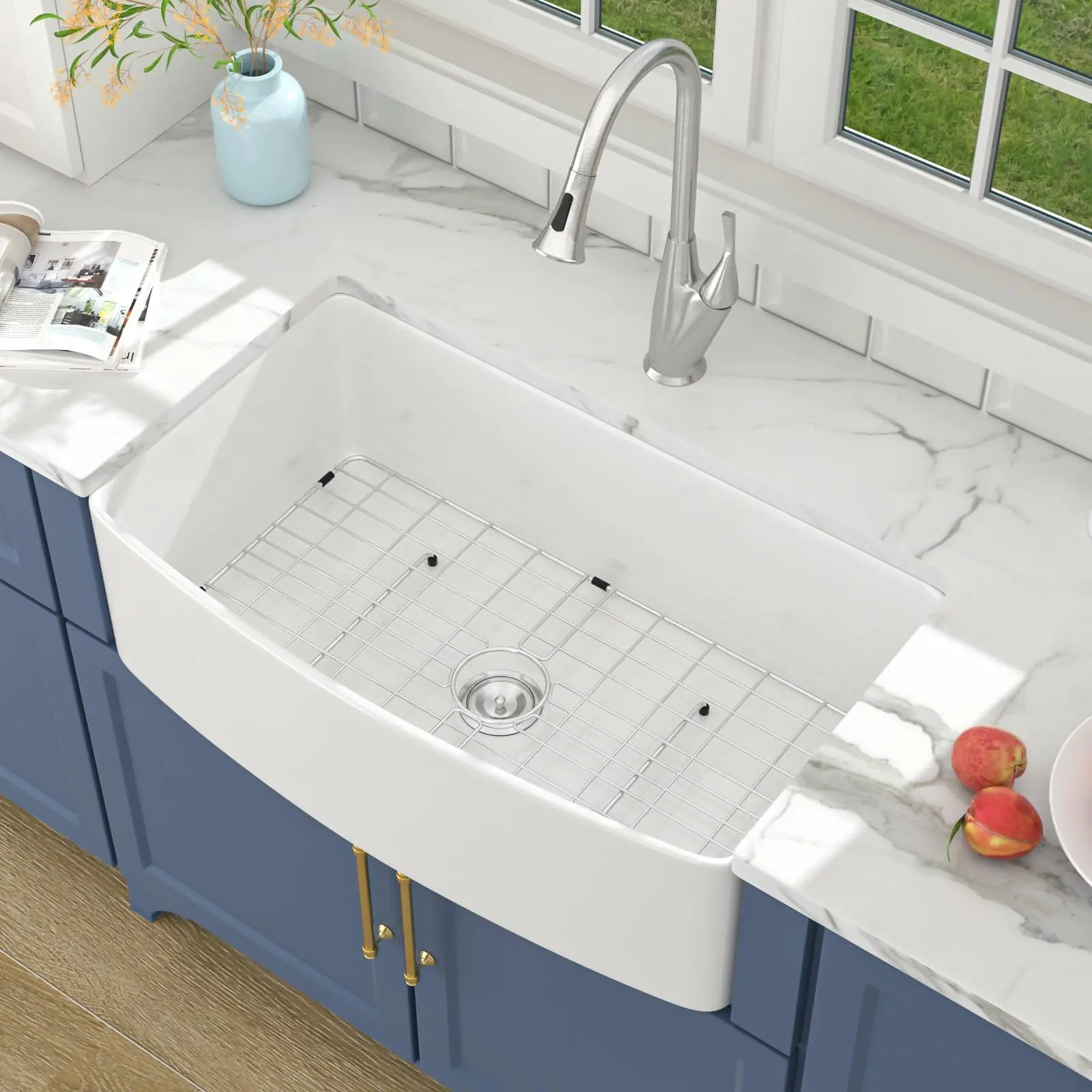 Lordear 33 Inch White Farmhouse Kitchen Sinks Apron Front Flat 33x19 Fireclay Porcelain Ceramic Farmers Single Bowl Farmer Sink Farm Sinks Basin Farm House Sink 33x19x10 Inch