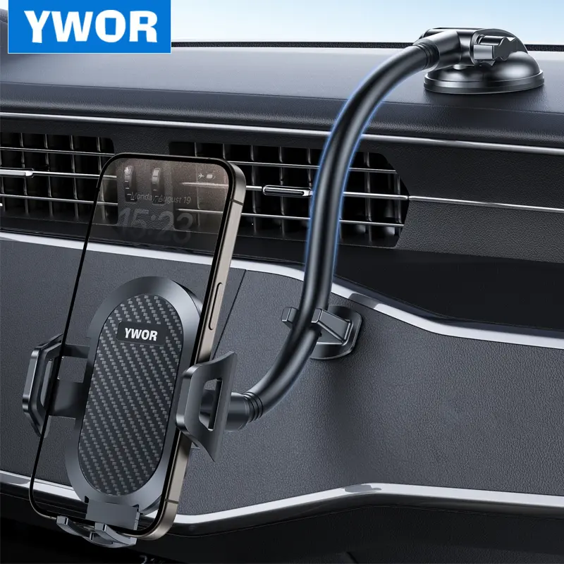 YWOR Cell Phone Holder for Car Dashboard Windshield Phone Mount for Car Long Arm Car Phone Holder Mount Strong Suction Cup Anti-Shake Stabilizer Compatible for iPhone, Samsung, All Smartphones