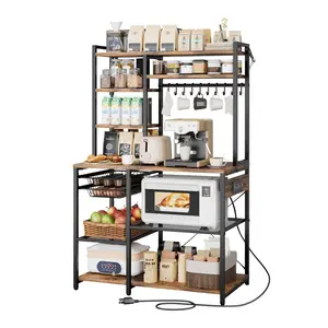 5-Foot Kitchen Bakers Rack With Power Cable And Built-In Power Outlet, Kitchen Stand With X-Shaped Support, 10 S-Shaped Hooks, Coffee Bar Stand For Dishes, Cups, Spices And Kitchen Accessories, Space-Saving Metal Frame Organizer