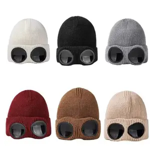 Men's women's windproof glasses and cashmere ski knit hat solid color warm woolen hat