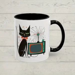 Hot Mid Century Modern Cat with TV Atomic Retro Coffee Cup Ceramic 11Oz, an 11Oz Cup with Double-Sided Printable Ceramic Mug - Ideal for Gifts, The Outer Wall Is White Printable, The Inner Wall And Handle Are Black, for Family And Friends During T Easter