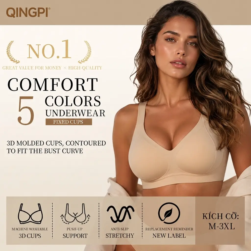 QINGPI 2PCS Balconette-Style Wireless Bra | 3D Molded Fixed Cups for Push-Up Support | U-Back Design | No Dig No Slip | M-3XL