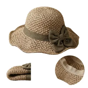 Versatile Retro Woven Straw Hat for Women with Ruffled Bow Elegant French Sun Hat Foldable Breathable Travel Beach Hat UV Protection Summer Outdoor Accessory