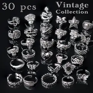 [30pcs Stacking Rings] 30pcs Stacking Rings Collection |     Large Adjustable Solid Alloy |     Punk Skull Butterfly Poker Crown Star Snake Boho Vintage Ste Open Size