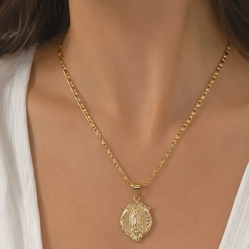 Gold Plated Guadalupe Necklace - 18k Gold Finish with Pendant and Chain