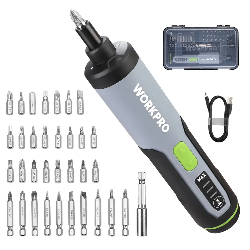 #summersale WORKPRO 4V Electric Screwdriver, Rechargeable Cordless Screwdriver Set with 35 Bits, Extension Rod, USB Charging Cable in Carrying Case, LED Light, Black Gray