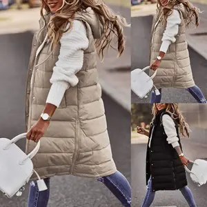 2025 New Solid Color Hooded Single-Breasted Mid-Length Quilted Vest Slim-Fit Elegant Cardigan Coat Top