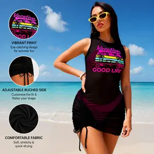 Sexy graphic print 3-piece bikini set with mesh cover-up dress, side ruching with drawstring, tummy control slimming swimsuit for women, defined waistline, high-cut bikini set, beach cover-ups, vacation ready, summer holiday pool party outfits, curvy wome