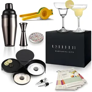 Margarita Kit Gift Set - 2 8.5oz Margarita Glasses, 3-Tier Salt Rimmer, Stainless Cocktail Shaker, Jigger, Coasters, Cocktail Cards, Citrus Squeezer & More Complete Bar Gift Set