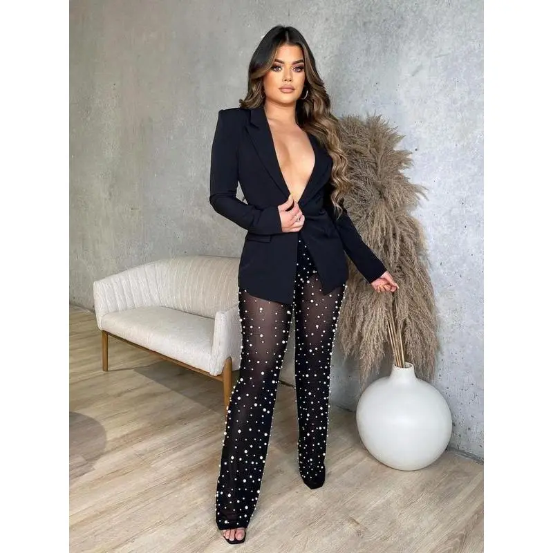Two-piece Set Women's Suits Plain Lapel Neck Blazer & Sheer Contrast Mesh Faux Pearl Decor Pants, Elegant Fashion Outfits for Work Office Business, Ladies Fall & Winter Clothes