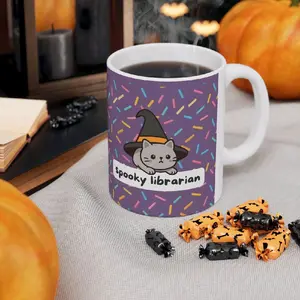 Librarian on Duty| Spooky Witch Illustration Mug | Purple Sprinkle Pattern Ceramic Mug