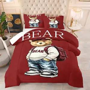Handsome teddy bear printed pattern bedding set, including 1 blanket and 1 or 2 pillowcases without pillowcases, soft children's or adult bedroom decoration gift