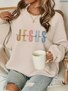 JESUS Casual Letter Pattern Crew Neck Loose Fit Sweatshirt For Women Autumn Winter Fall Grey Cotton Hoodie Breathable Eco-friendly Top Print Tee, Andrew Clothings