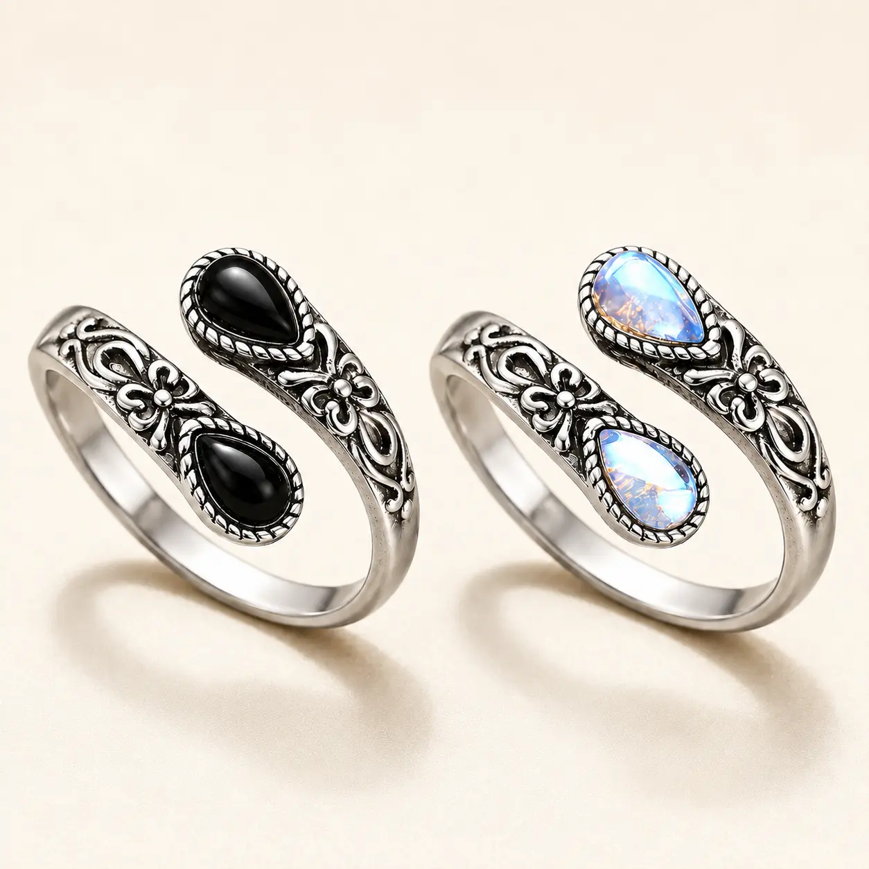 Vintage Floral Open Ring for Women, Adjustable Silver-Tone Wrap Ring with Teardrop Opal or Black Stone, Boho Statement Jewelry Gift