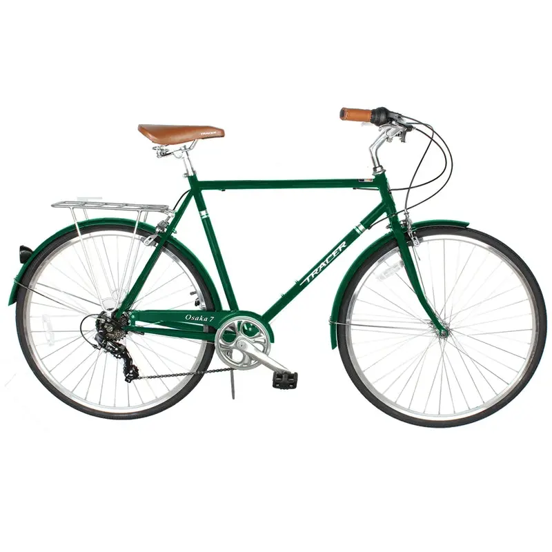 Tracer Osaka 700C Cruiser Bike for Men - 58cm, 7-Speed, Wide City Wheels, Hand Brakes, Durable Steel Frame, Coil Spring Saddle, Matte Green Hybrid City Bicycle, Foam Grips