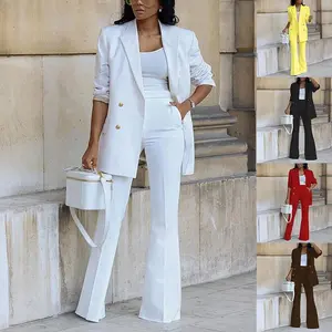 Women's Fashion 2025 Autumn Winter Solid Color Casual Fashion Blazer Wide-Leg Pants Suit Two-Piece Set