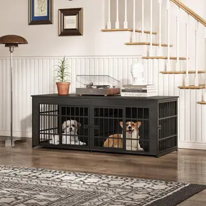 Garvee 63" Double Dog Crate Furniture with Divider - Heavy Duty Wooden Kennel TV Stand for 2 Medium Large Dogs | Spacious Indoor Pet House End Table & Side Table | Chew-Resistant Decorative Dog Cage with Large Countertop | Modern Grey Home Decor