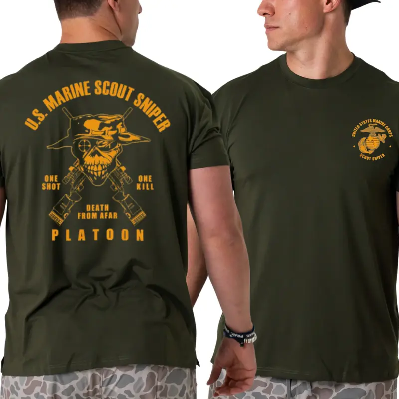 U.S. Marine Scout Sniper T-Shirt, Platoon Death From Afar 2 Sides, One Shot One Kill Skull and Rifles Graphic, Eagle Globe and Anchor Military Pride Apparel for Men & Women, Streetwear, Graphic Tee, 2000s Outfits, Outfits Men