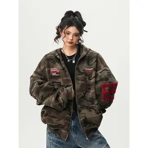 Men’s and women’s camouflage zip-up hoodies with printed oversized retro sportswear; men’s and women’s couple’s jacket; camouflage cardigan; classic cotton–wool loose fit; outdated fabric; soft fashion