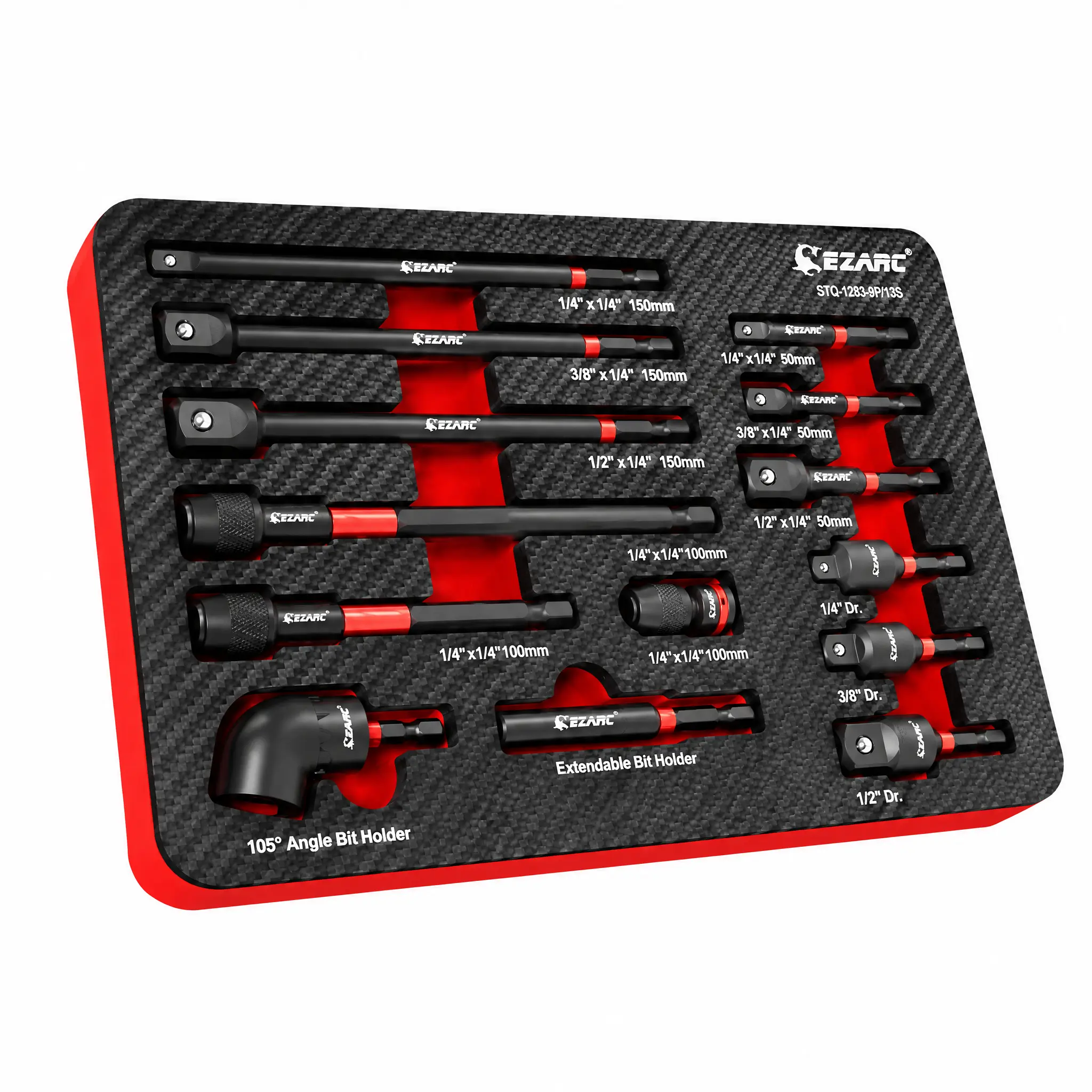 EZARC 14PC Impact Socket Adapter Set - CRV Steel Resists Daily Wear, 1/4"-3/8"-1/2" Square Drive, Quick-Release Magnetic Drill Extensions, 360° Swivel Ease & Right Angle Attachments for Drills, Impact Drivers, Auto Repair, Father's Day Tools and Gadgets