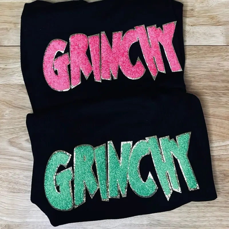 GRINCHY chenille black sweater, pink or green chenille, women’s sweater