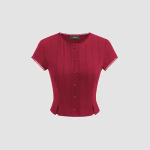 Women's 100% Cotton Round Neck Short Sleeve Solid Top with Button Lace Trim, 2 Colors, Size 2-10