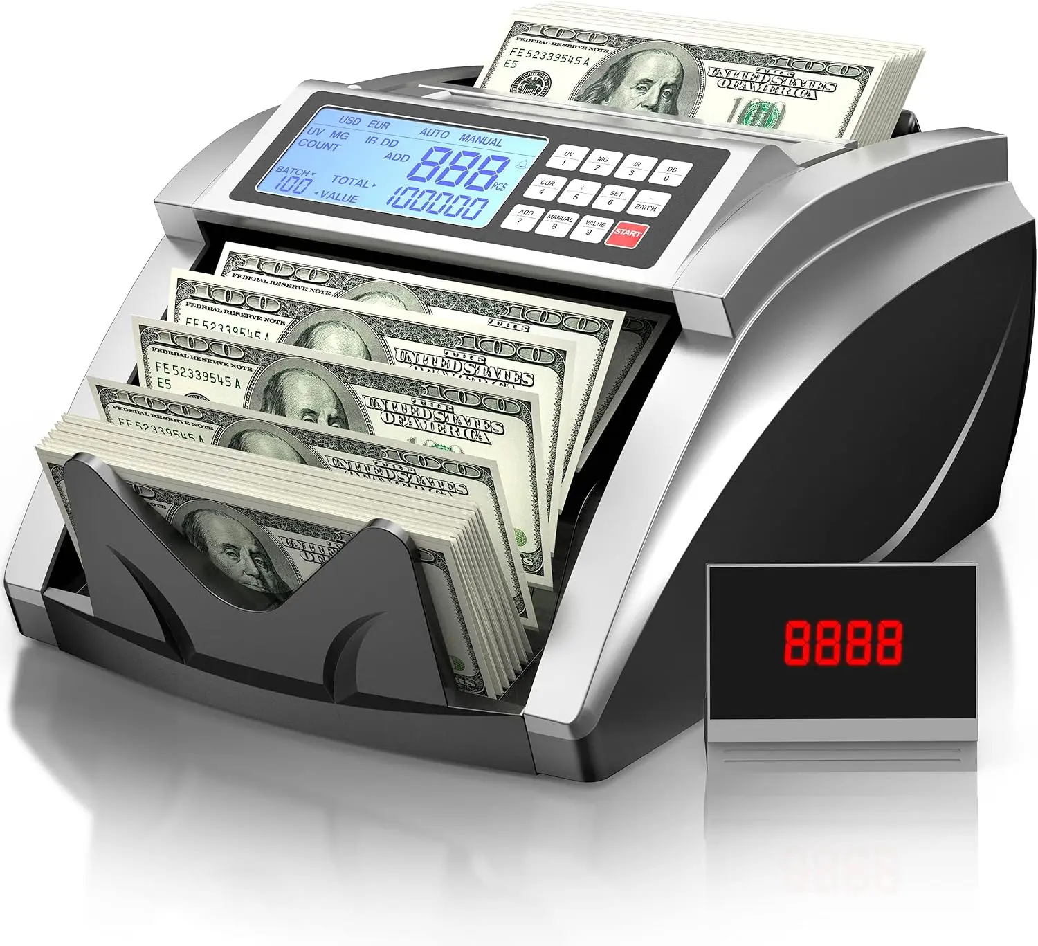 PONNOR Money Counter Machine with Value Bill Count, Cash Counter for Dollar, Euro with UV/MG/IR/DD/DBL/HLF/CHN Counterfeit Detection, Add/Bat/Value Mode Bill Counting Machine with Large LCD Display external