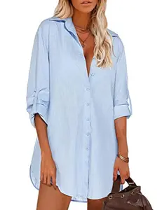 Women's Boyfriend Shirts Button Down Long Sleeve Blouse Cuffed Sleeve Collared Shirt Casual Minimalist Summer Tops Basic Womenswear