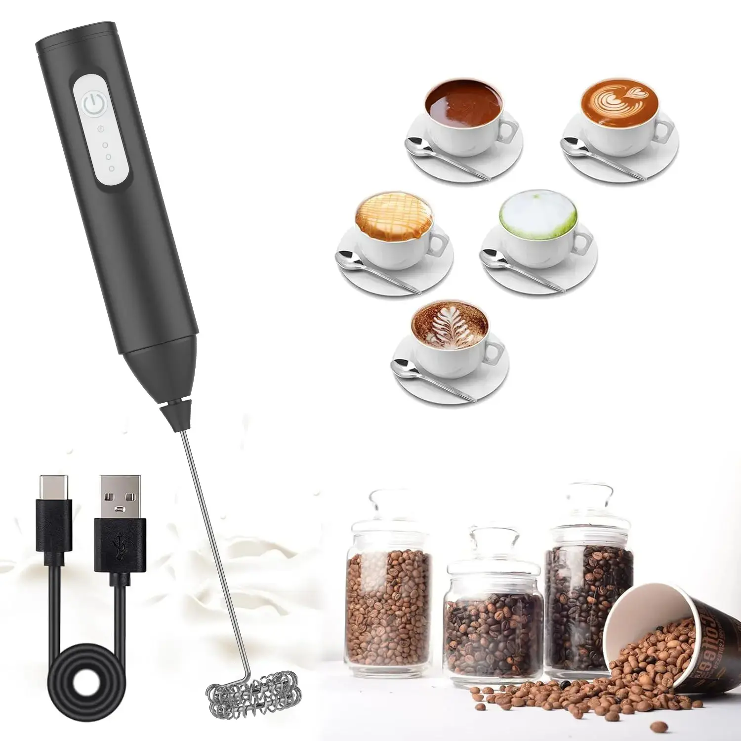 Black MINI Strip Stick USB Rechargeable Milk Frother - 3 Speeds Control for Coffee Making, Compact Kitchen Whisk Blender, Electric Handle Egg Beater, Speed Control