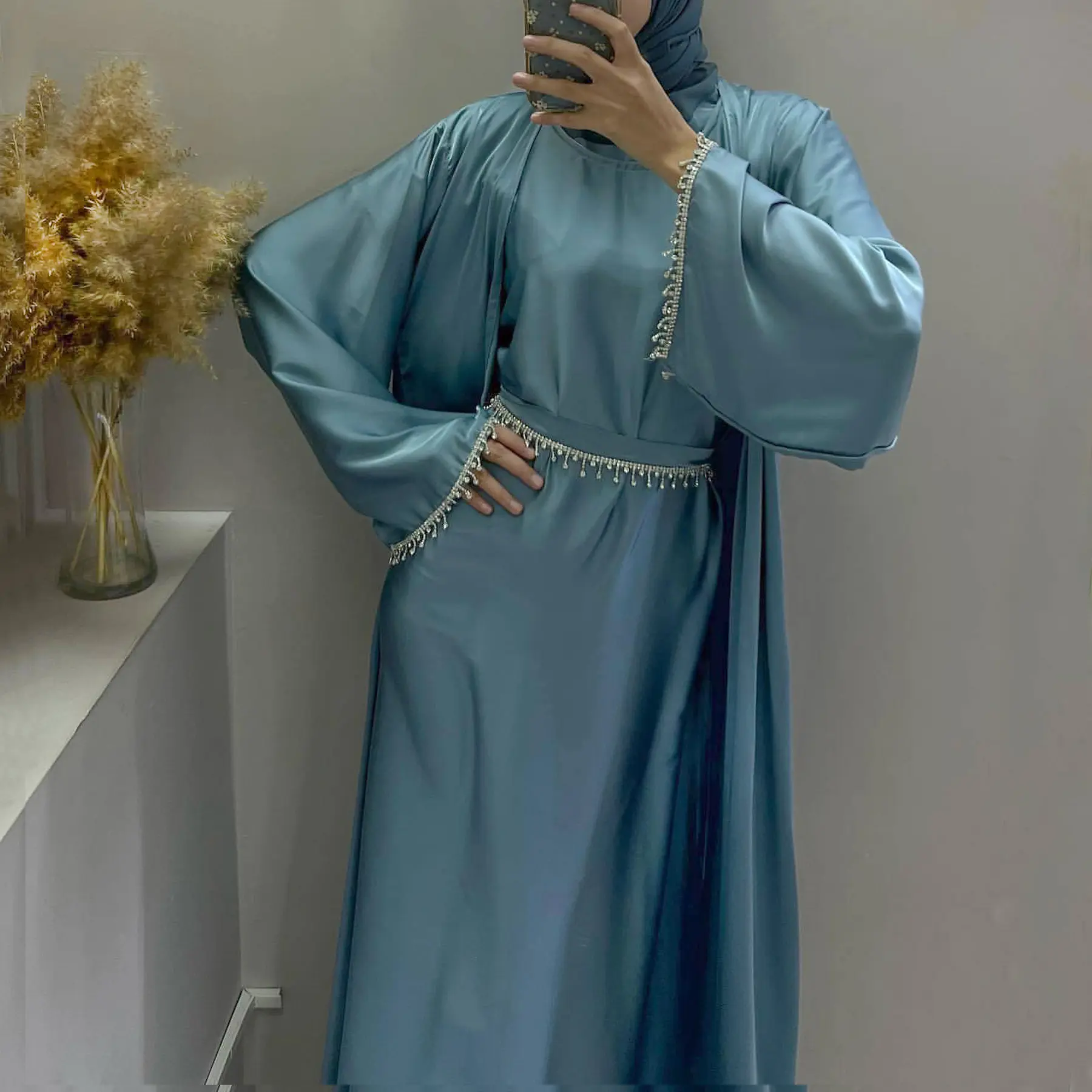 Muslim EID abaya 2pc Satin abaya set  with Rhinestone and Waist Chain