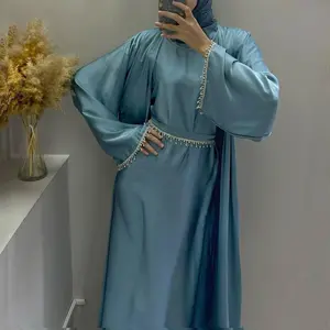 Muslim EID abaya 2pc Satin abaya set  with Rhinestone and Waist Chain