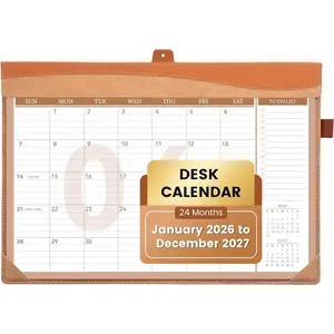 Desk Calendar 2026, Jan 2026-Dec 2027, 2026 Desk Calendar Large 17 x 12, 2026 Calendar with Plastic Cover, Pockets, to-Do Lists, Desktop Wall Calendar 2026-2027 for Office School , Brown