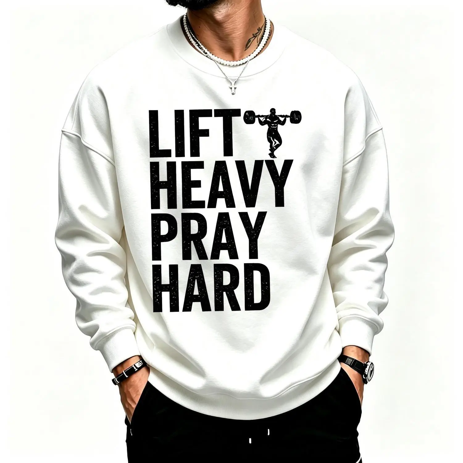 Men's Sports Sweatshirt Heavy Lift Pray Hard Gym Featuring Christian Faith and Graphic Printing Athletic Casual Performance Pullover
