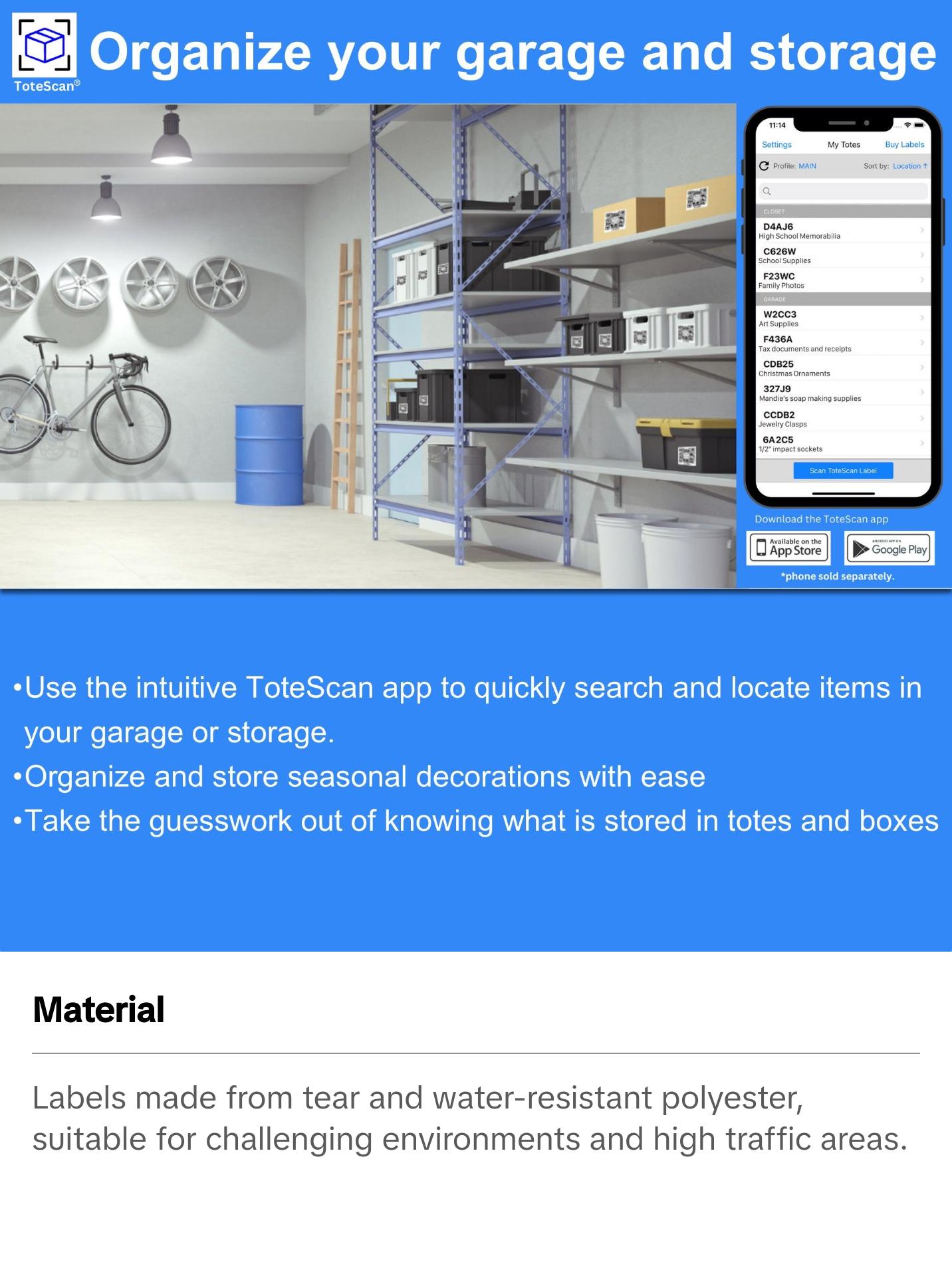 ToteScan HD Color (Heavy Duty) Intelligent QR Labels for Organization/Moving/Storage (45 Unique Labels, 2.5"x3")