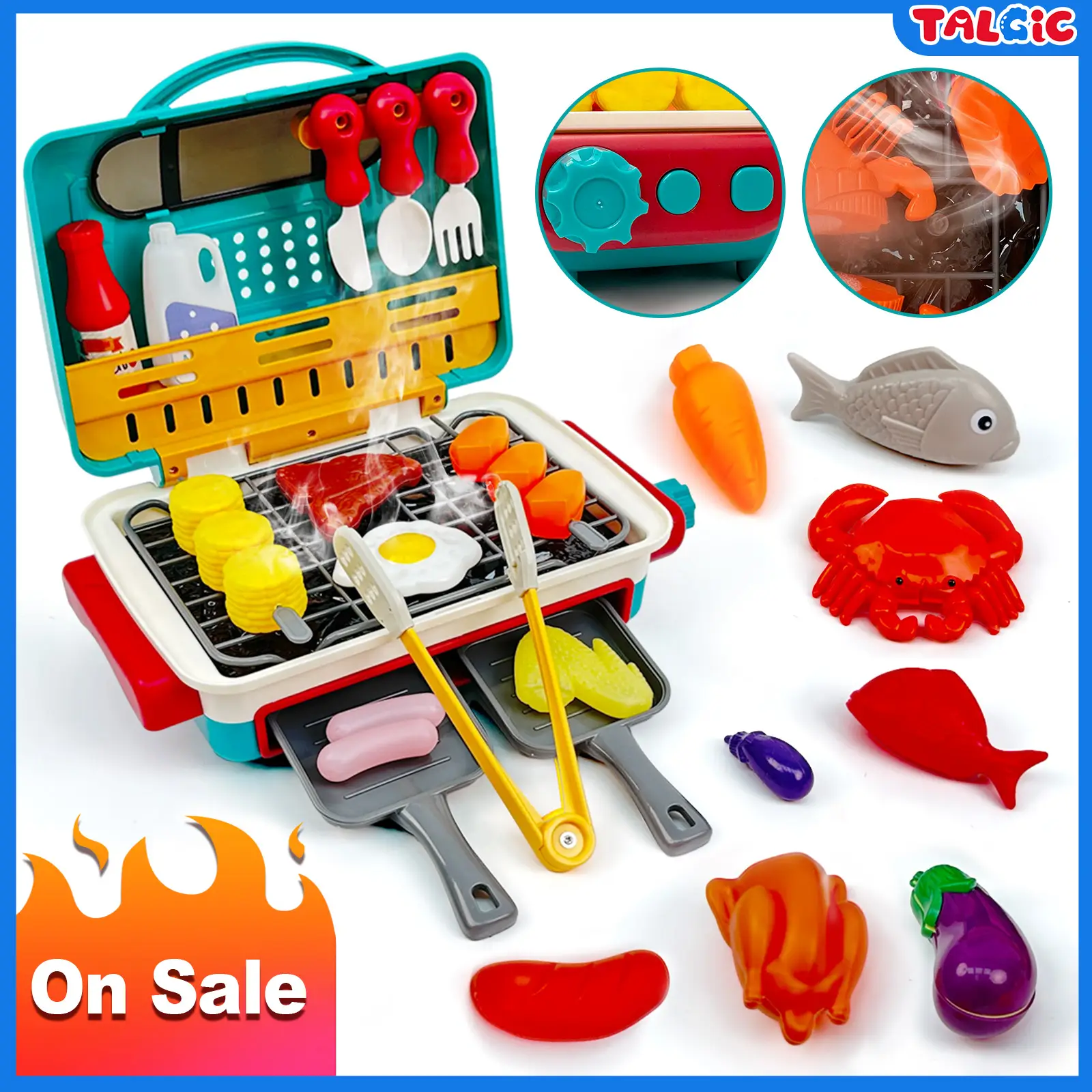 Talgic BBQ Grill Toy For Boys and Girls 3+ Color change Steam and Light Function Crab Eggplant Cutlery Ketchup