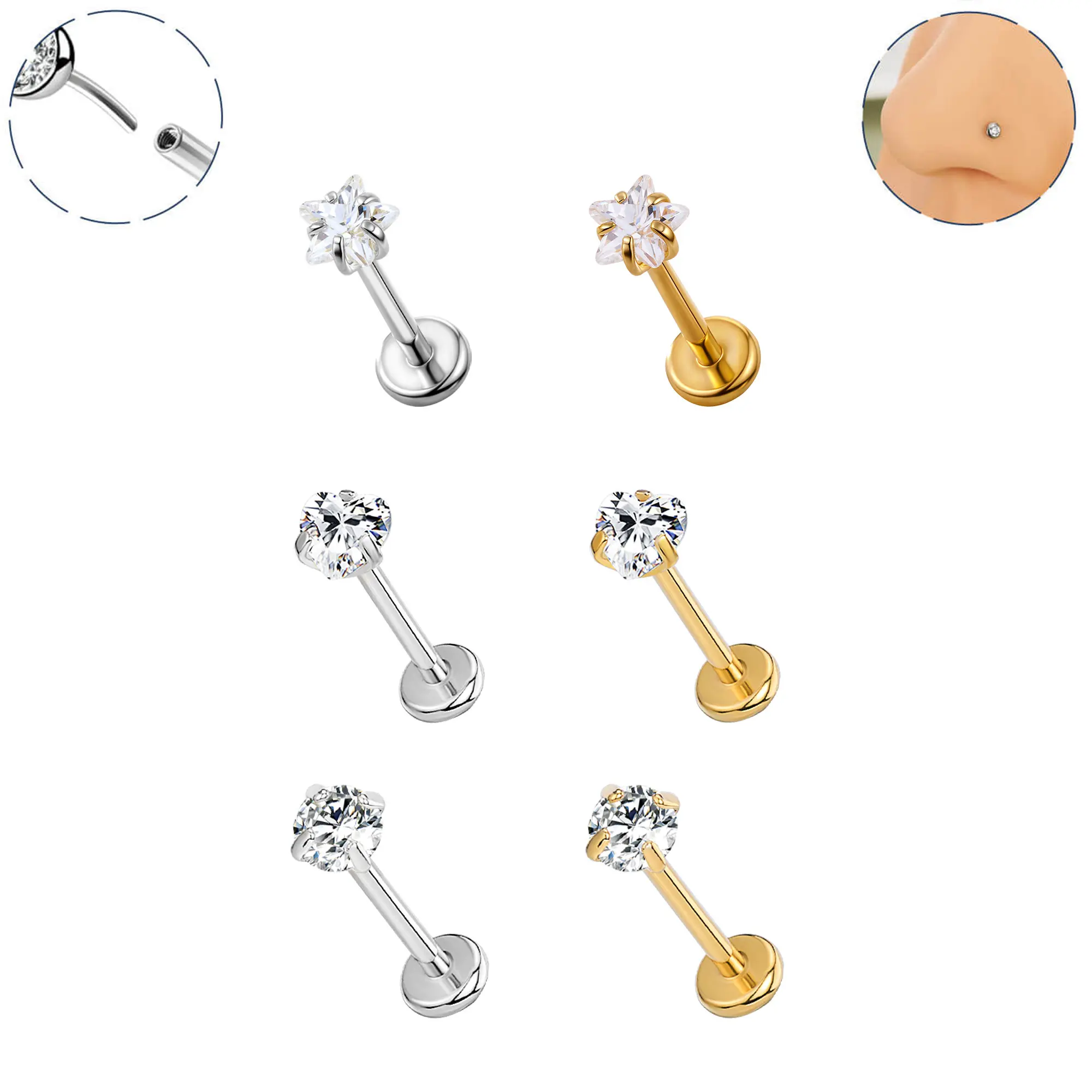 OUFER 20G Titanium Flat Back Push Pin Nose Stud - Basic Women's Body Jewelry Accessory, Secure CZ Hold Piercings Jewelry with Rhinestones, Threadless Install Twist-Pull On/Off