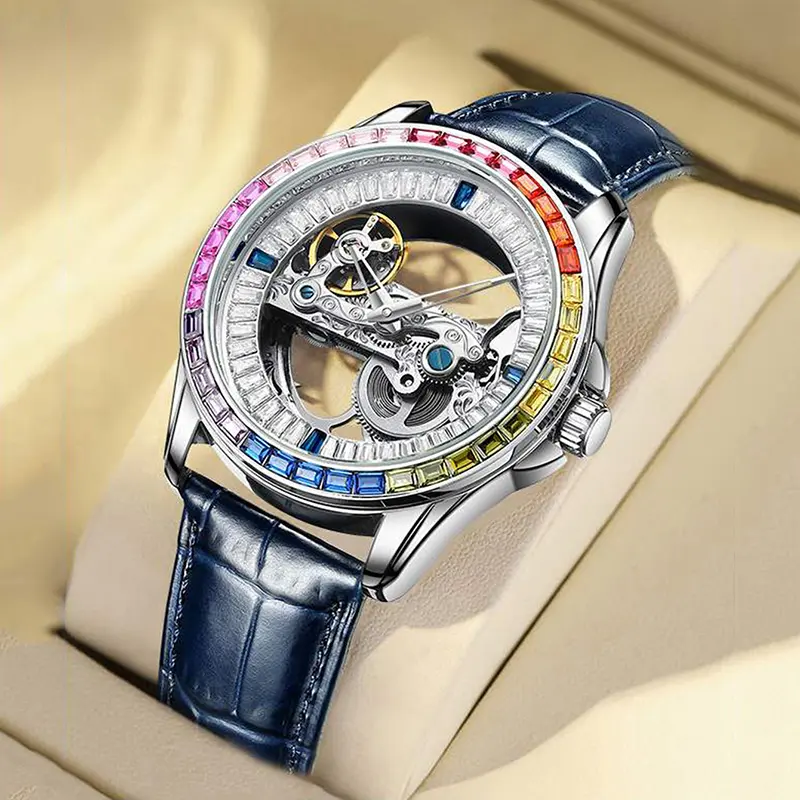 Men's Fashion Stainless Steel Mechanical Watch - Leather Strap, Colorful Diamond-Studded Bezel, Double-Sided Skeleton, Waterproof, Automatic Movement, Analog Display, Stainless Steel Watch
