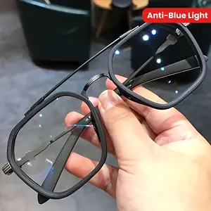 1 Pair Fashion Black Square Metal Frame Glasses with Anti-Blue Ray Lens-Vintage Ste, Zi Alloy, Full Frame Design, Suitable for Fashion Eye Protection and Computer Use