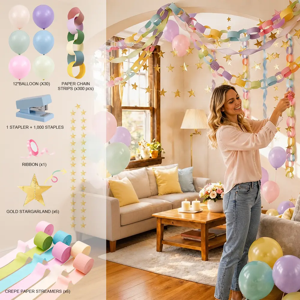 DIY Party Supply Pack, Handmade Paper Chain Garland Kit With 12 Inch Latex Balloons, Crepe Streamers, Gold Star Hanging Decor, Stapler & Paper Strips For Birthday Baby Shower Bridal Shower