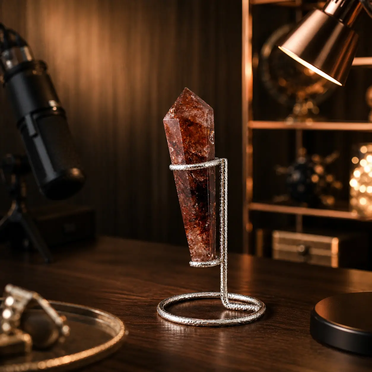 Premium Fire Quartz (Red Hematoid) Crystal Wand with Metal Display Stand - 1 Pc