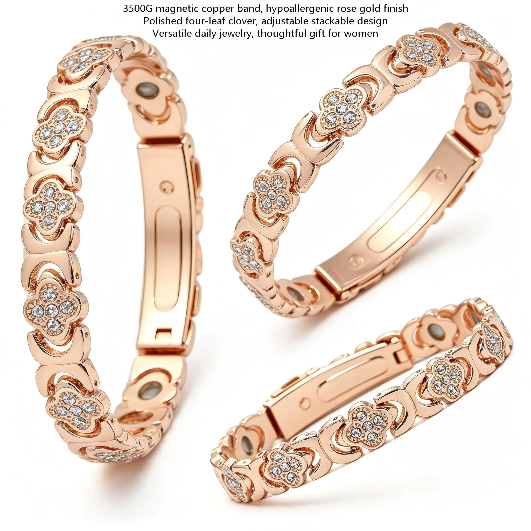Women's Rose Gold Pure Copper Magnetic Bracelet - 3500 Gauss Enhanced Magnetism, Crystals, 4-Leaf Clover Design - Aids Insomnia, Inflammation Relief unisex charm healing