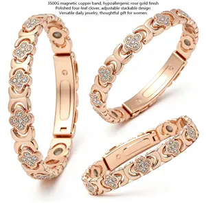 Women's Rose Gold Pure Copper Magnetic Bracelet - 3500 Gauss Enhanced Magnetism, Crystals, 4-Leaf Clover Design - Aids Insomnia, Inflammation Relief unisex charm healing